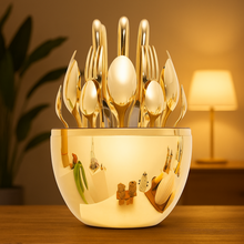 Premium Cutlery Set 24 Pcs with Oval Shaped Stand | Beautiful Stylish Oval Designed Cutlery Sets, Egg-Shaped Luxury Spoon Holder Set  (Golden / 24 pcs set)