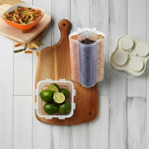 Plastic Lock Food Storage 4 Section Container Jar for Grocery, Fridge Container.